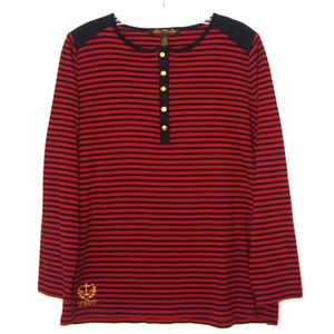 LRL Lauren Ralph Lauren Red Navy Striped Gold Button Henley Embroidered Logo 2X - Picture 1 of 7