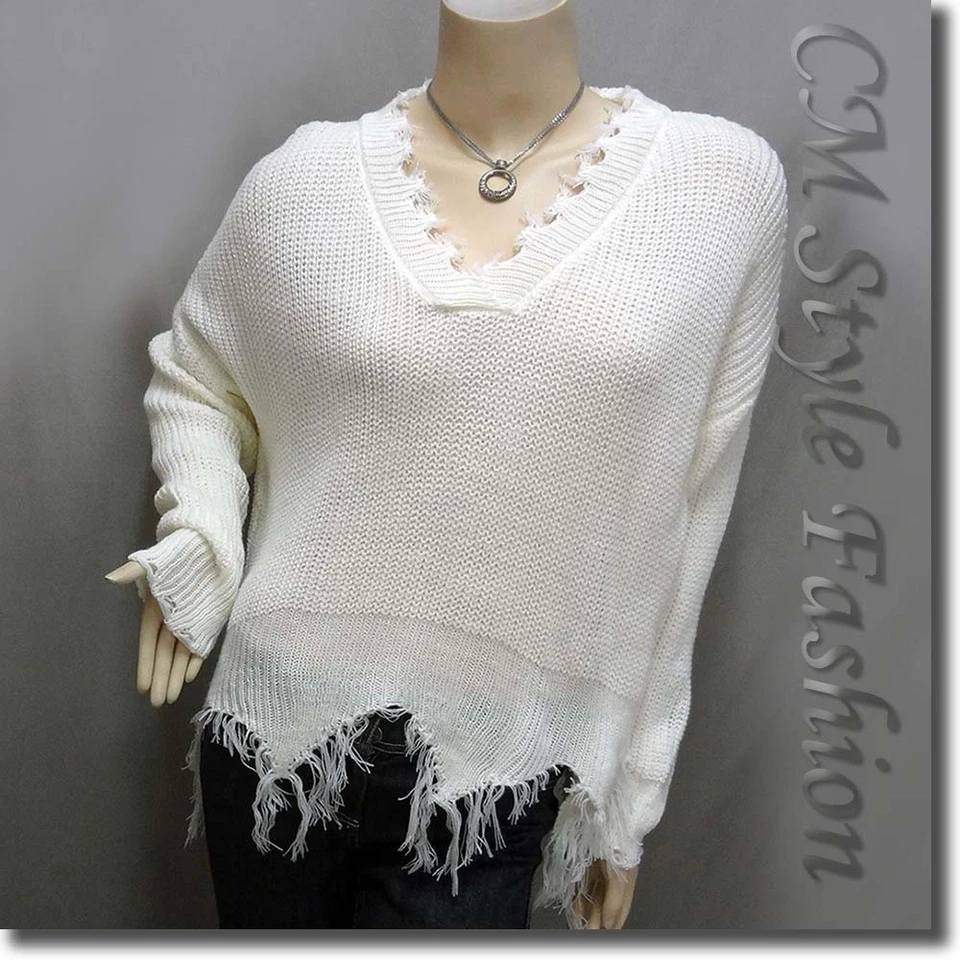 Suéter Pullover Acanalado Tejido Grunge Triturado Cuadrado con Rasgaduras Top Blanco M Foto 1 de 4