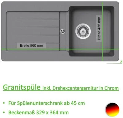 VICTORY Granitspüle Küchenspüle Einbauspüle mit Drehexcenter Hell Grau Spüle 86x43,5 cm