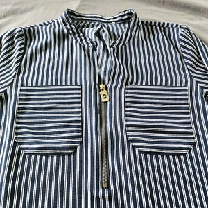 Michael Kors Damen Bluse 1/2 Reißverschluss Langarm Streifen True Navy| Größe L - Bild 1 von 10