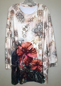 Blumenmuster Tunika Top XL beige rot braun seitliche Eingrifftaschen Pullover Rundhals - Bild 1 von 6