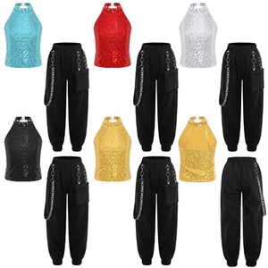 Kids Girls Tracksuit Metallic Outfit Sequin Sets Dance Pants Trousers Crop Top - Picture 1 of 63