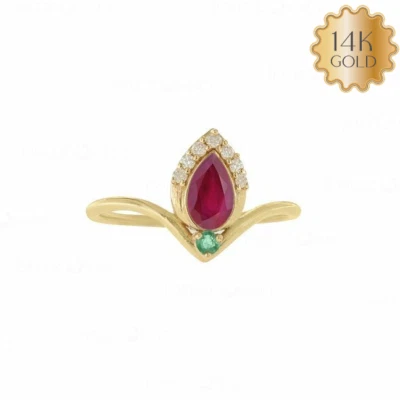14k Diamond Ruby Emerald Gemstone Chevron Ring -Ruby July Birthstone Jewelry - Image 1 of 4