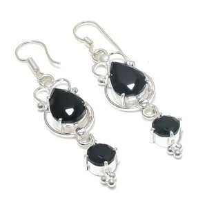 Black Spinel Gemstone Handmade 925 Sterling Silver Jewelry Earring Size 2.4" - Picture 1 of 1