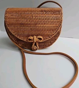 Vintage Korb Holz Handtasche mit Schleife Riegel Crossbody Hsnd Bag Geldbeutel - Bild 1 von 9