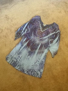 Oneworld Live And Let Live Ladies Blouse. Size L . Colour Peacock Purple Blue. - Picture 1 of 7
