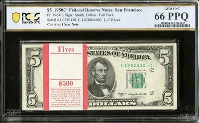 $5 1950-C FRN PACOTE ORIGINAL 100 CONSEC MUITO RARO!  San Francisco PCGS Gem 66PPQ - Imagem 1 de 2