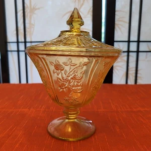 1930s Federal Sharon Cabbage Rose Yellow Depression Glass Candy Dish w/ Lid - Picture 1 of 5