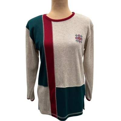 Vintage 90s Colorblock Long Sleeve Top Petite Small Beige Teal Red Embroidered - Image 1 of 4