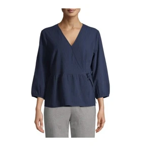 Top de mujer Time and Tru, talla mediana, azul, cuello en V, manga 3/4 - Imagen 1 de 6