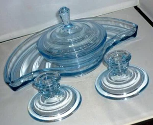 VINTAGE BAGLEY FILEY BLUE GLASS DRESSING TABLE TRAY TRINKET POT CANDLE STICK SET - Picture 1 of 13