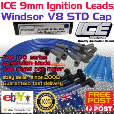 ICE PRO 100 9mm Spark Plug Leads V8 302-351 Windsor Around R/Covers STD + Sleeve - Image 1 of 4