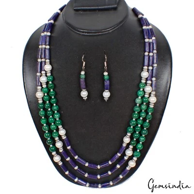 Juego de joyas hechas a mano 604 quilates natural azul lapislázuli verde esmeralda blanca perla con cuentas Foto 1 de 4