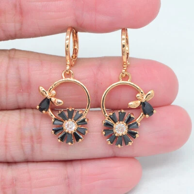 18K Yellow Gold Filled Women Pink Mystic Topaz Flower Bowknot Dangle Earrings - Image 1 of 4