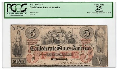 T-31 PF-1 1861 $5 Confederate Paper Money - PCGS-C Very Fine 25 Apparent - Image 1 of 2