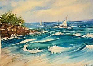 Ocean Boat Watercolor Original Painting - Picture 1 of 1