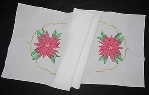 Completed Finished Cross Stitch Poinsettia Christmas Dresser Scarf Table Runner - Picture 1 of 4