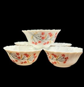Larah Opal Glass by Borosil Set of 6 Orange Floral White Bowls w/ Ruffled Edges - Picture 1 of 6