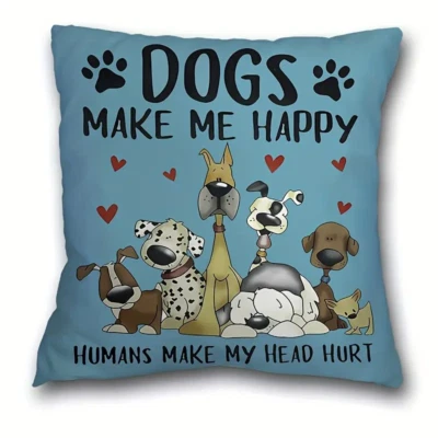 NEW Dogs Make Me Happy Decorative Throw Pillow Cover 18 in. square teal blue - Image 1 of 4