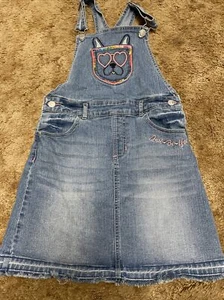 Jordache Overalls Skirt Denim Jean Emboidered Dog Hearys Cute Size Large 10 12 - Picture 1 of 3