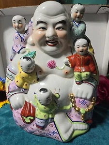 Antique Slip Cast Porcelain Laughing Buddha With Children Gold Gilt Famille Rose - Picture 1 of 11