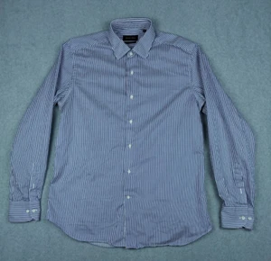 Massimo Dutti Men Dress Long Sleeve Shirt Large Slim Fit 43-17 White Blue Stripe - Picture 1 of 5