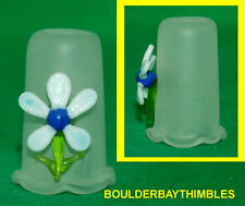 PRETTY FROSTED GLASS THIMBLE - APPLIED DAISY with BLUE CENTER and RUFFLED RIM
