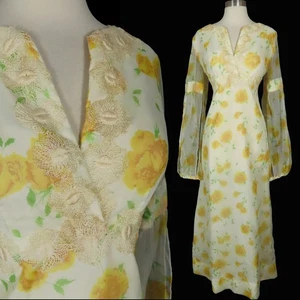 Vintage 70s Yellow Rose Floral Long Split Sleeves Hippie Boho Maxi Dress L XL - Picture 1 of 16