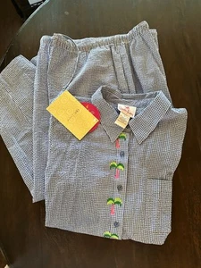 QUACKER FACTORY SET 1x  SEERSUCKER SHIRT PALMS CROPED PANTS BLUE CK - Picture 1 of 1