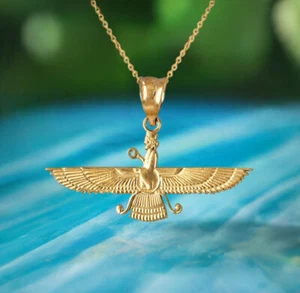 14K Yellow Gold Faravahar Unisex Pendant Necklace - Picture 1 of 10