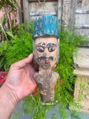 1800 Rare Antique Wooden Handcrafted Rajasthan Puppet Man Head Figurine Statue - Imagem 1 de 4