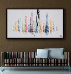 Chicago 67" Skyline cityscape original oil painting on canvas, thick layers - Picture 1 of 5