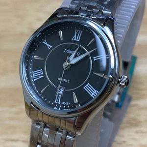 Unused Longbo Lady Silver Black Roman Analog Quartz Watch~Date~New Battery - Picture 1 of 5