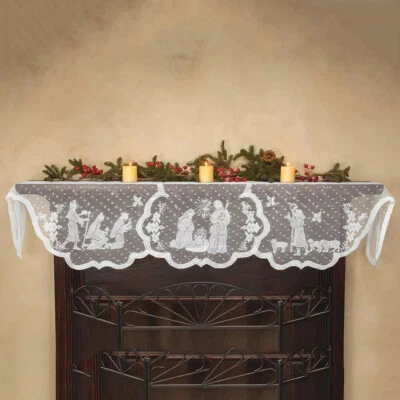 20"x90" Christmas Lace Tablecloth Virgin Mary Religious Fireplace Mantle Scarf - Image 1 of 4