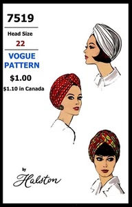 Vogue 7519 pattern Hat Turban Designer Halston Vintage Millinery - Picture 1 of 4
