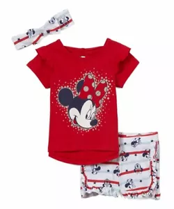 Disney ☆ Minnie Mouse Girls' 3 Piece Top & Shorts Set with Headband ☆Sizes 2T-6x - Picture 1 of 2
