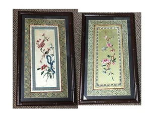 Pair Oriental Embroidered Cherry Blossom Butterfly Bird Tree Silk Framed Panels - Picture 1 of 12