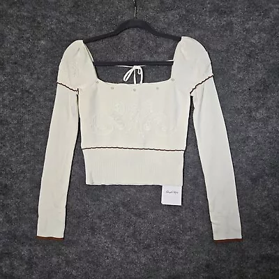 Simple Retro Sweater Womens L Ivory White Beaded Cropped Milk Maid Peasant New - Image 1 of 4