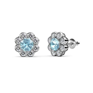Aquamarine Diamond Floral Women Halo Stud Earrings 2.50 ctw 14K Gold JP:69240 - Picture 1 of 4