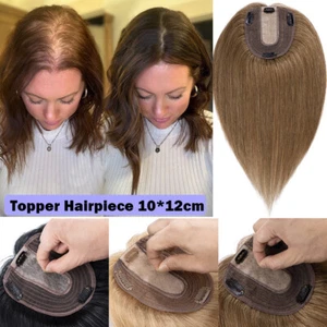 Real Remy Human Hair Topper Hairpiece Top Toupee Clip In Silk Base For Wiglet US - Picture 1 of 55