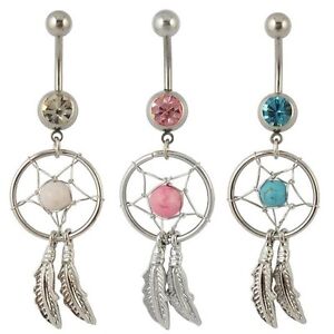 DREAMCATCHER GEM STAR & FEATHERS BELLY NAVEL RING CZ BUTTON PIERCING JEWELRY