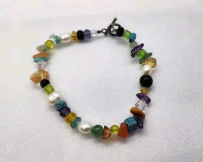 Pulseira de prata esterlina com pedra preciosa e pérola de vidro artístico 7,5 pol. - Imagem 1 de 4