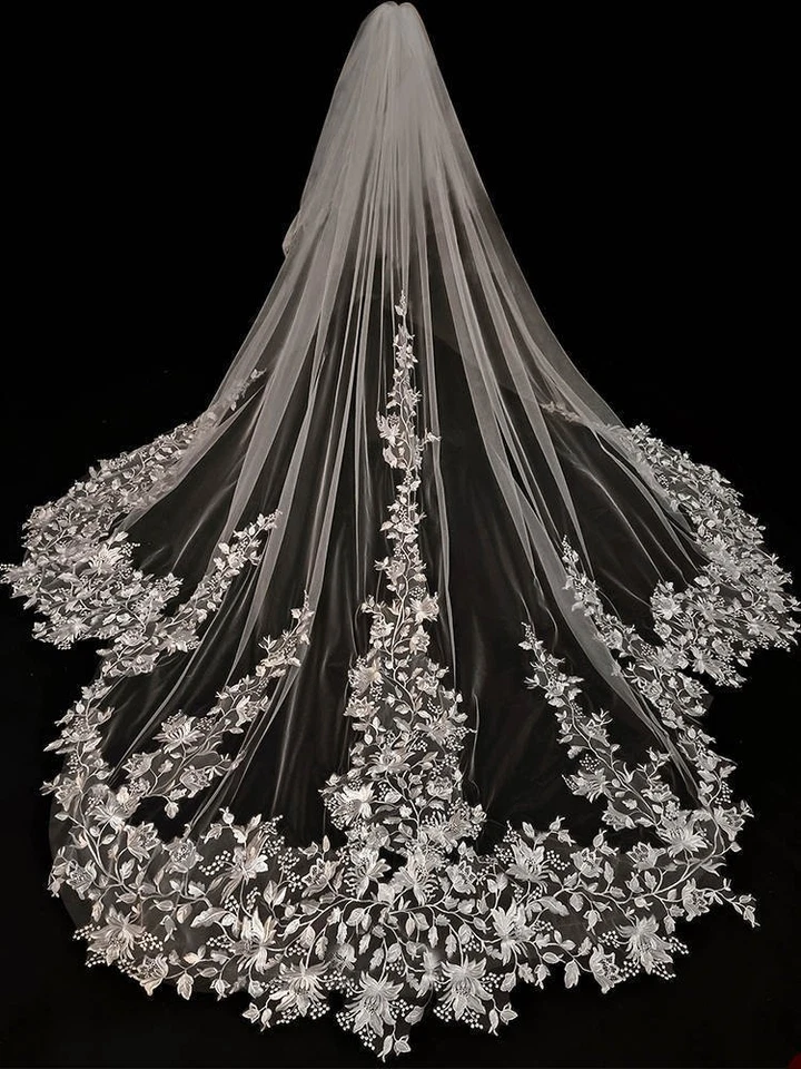 Velos de boda hasta catedral apliques de encaje con peine velos de novia de 1 nivel Foto 1 de 4