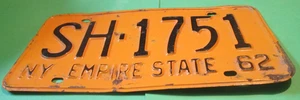 1962 US NEW YORK STATE License Plate TAG BLACK ON ORANGE SH-1751 MORE HERE - Picture 1 of 2