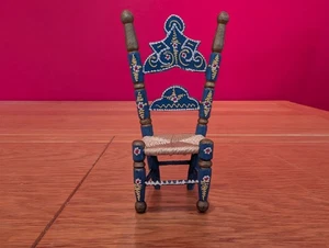 Vintage Miniature Chair Painted Folk Art Rush Seat Blue  Mexican Doll House Toy - Picture 1 of 7