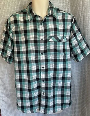 KAVU MENS BLACK-GREEN-WHITE POLYESTER PLAID SS SHIRT. SIZE MEDIUM. VGC.       W - Image 1 of 3