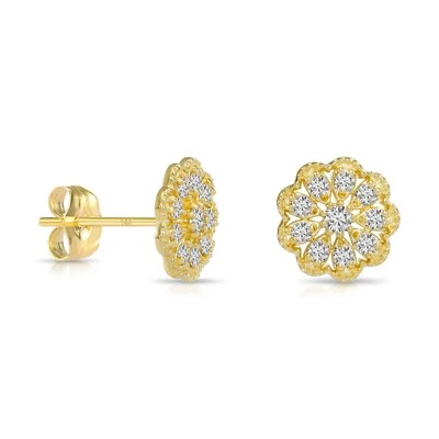 14K Real Solid Gold .18Ctw Diamond Flower Halo Stud Earrings Push-back Lab Grown - Image 1 of 4