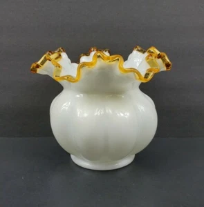Fenton Milk Glass Amber Gold Crest Double Ruffled Melon Rose Bowl Vase EUC - Picture 1 of 12