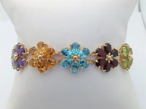 Gemstone Bracelet Multicolor Jewelry Rainbow Multistone Flower 10k Size 7.2 B178 - Picture 1 of 10