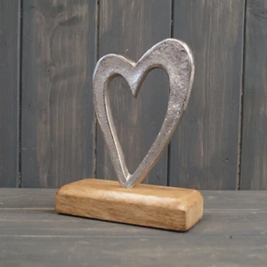 Silver Aluminium Heart Cutout on Wooden Plinth Shelf Sitter Ornament Figurine - Picture 1 of 1